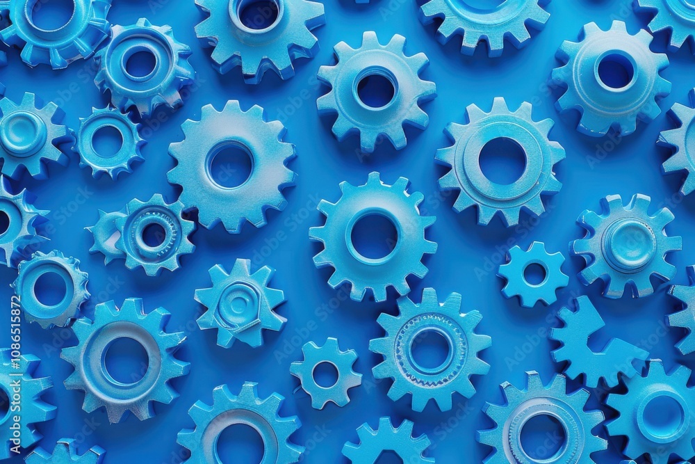 A collection of blue gears arranged on a blue background, symbolizing industry and mechanics. A collection of blue gears arranged on a blue background, symbolizing industry and mechanics.