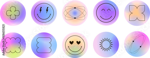 Gradient with y2k style round highlights for stories. Collection circle neutral blur stickers, color patches, labels, badges
