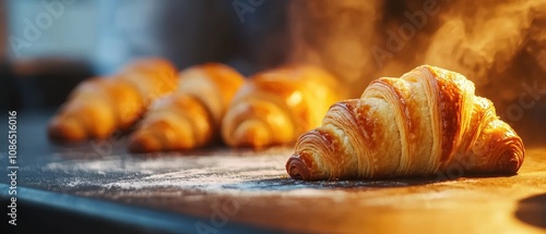 Freshly baked golden croissants steaming on the counter, perfect for breakfast or brunch, showcasing delicious pastry perfection. photo