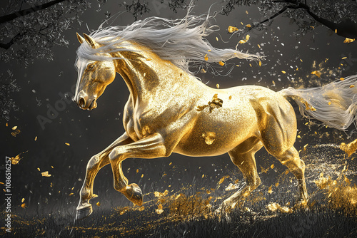 3D illustration of a golden horse galloping on grassland