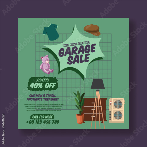 Promotional social media post banner template for garage sale  , yard sale web banner, flea market post design with hand drawn vintage furniture, interior elements illustration  background