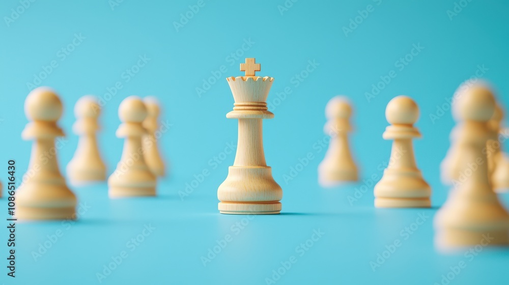 A close-up of a king chess piece surrounded by pawns, symbolizing strategy and dominance in a minimalist setting. A close-up of a king chess piece surrounded by pawns, symbolizing strategy and dominance in a minimalist setting.