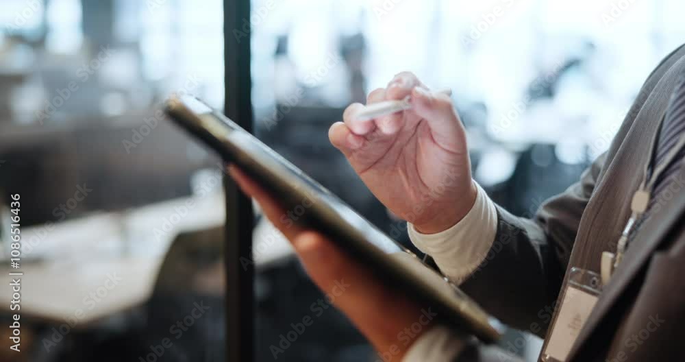 Hands, businessman and tablet with pen for networking, connection and scroll on app in office. Male person, technology and communication for online, website and pr for corporate as community manager Hands, businessman and tablet with pen for networking, connection and scroll on app in office. Male person, technology and communication for online, website and pr for corporate as community manager