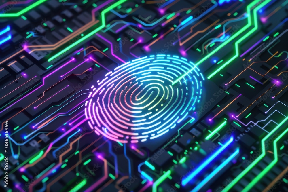 A vibrant digital fingerprint design on a circuit board background, symbolizing technology. A vibrant digital fingerprint design on a circuit board background, symbolizing technology.