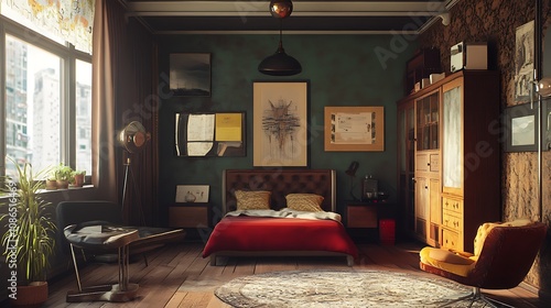 Sunlit Vintage Bedroom with Red Bed, Mid-Century Modern Furniture, and Artwork photo