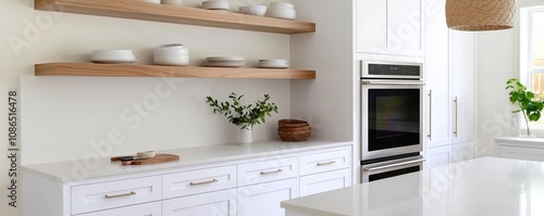 Contemporary kitchen space with sleek built-in appliances, floating open shelves, and glossy white cabinets, warm pendant lighting, balanced neutral and bold colors