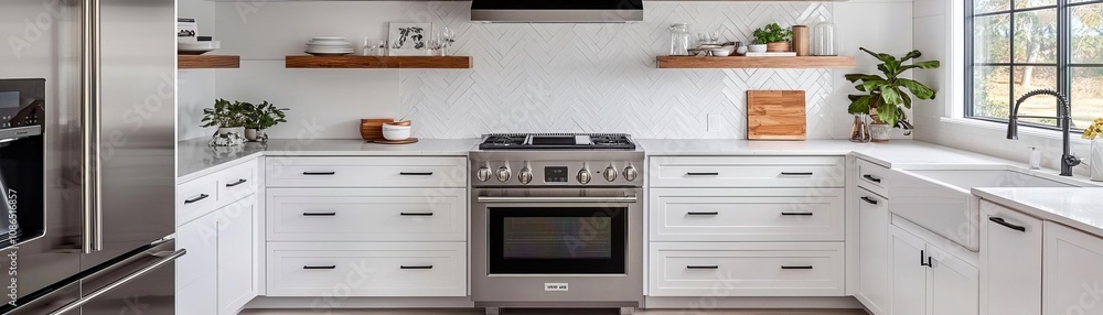 Modern farmhouse kitchen with sleek stainless steel appliances, floating shelves, and exposed beams, natural light illuminating white and wood finishes, warm and stylish Modern farmhouse kitchen with sleek stainless steel appliances, floating shelves, and exposed beams, natural light illuminating white and wood finishes, warm and stylish