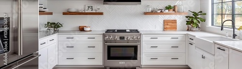 Modern farmhouse kitchen with sleek stainless steel appliances, floating shelves, and exposed beams, natural light illuminating white and wood finishes, warm and stylish