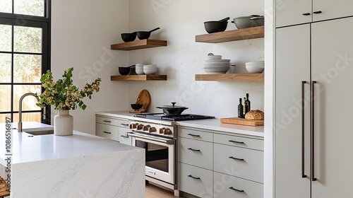 Modern kitchen with sleek appliances and marble countertops, open shelves with stylish cookware, natural light from a large window, neutral tones, clean and organized design