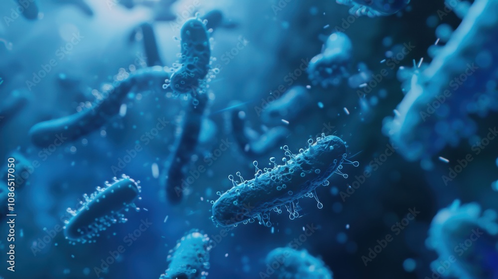Close-up view of 3D microscopic blue bacteria, showcasing intricate details and structure at a cellular level.
Close-up view of 3D microscopic blue bacteria, showcasing intricate details and structure at a cellular level.