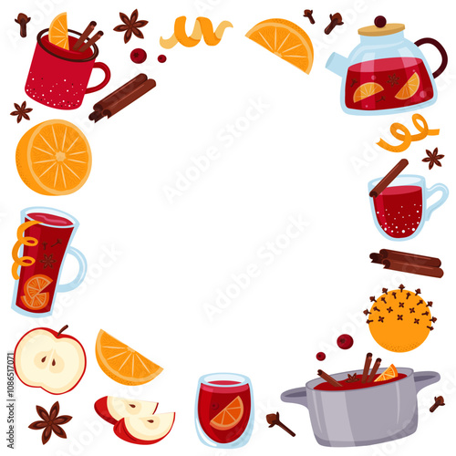 Winter drink border frame. Mulled wine ingredients. Red wine, citrus, spices. Punch in glasses, mugs, pot. Vector illustration set.