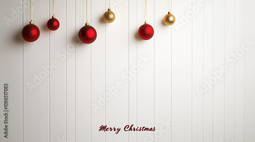 White wooden background with red and gold Christmas ornaments hanging at the top, with 