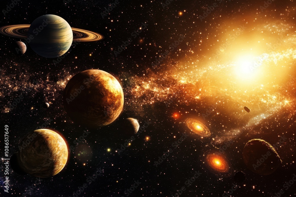 Planets and stars in a galaxy.