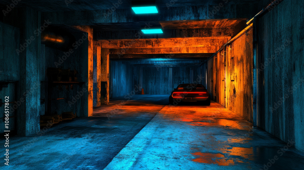 A dark, gritty garage tunnel glows with orange and blue neon lights. The 3D image shows a futuristic, industrial setting with concrete walls and a car parked inside. A dark, gritty garage tunnel glows with orange and blue neon lights. The 3D image shows a futuristic, industrial setting with concrete walls and a car parked inside.