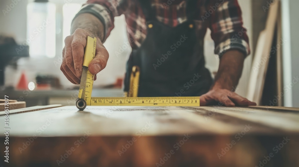 A carpenter uses a tape measure to take precise measurements on a wooden board. A carpenter uses a tape measure to take precise measurements on a wooden board.
