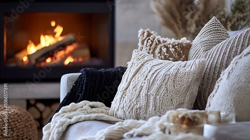 Cozy living room with knitted throw pillows and a fireplace in the background. photo