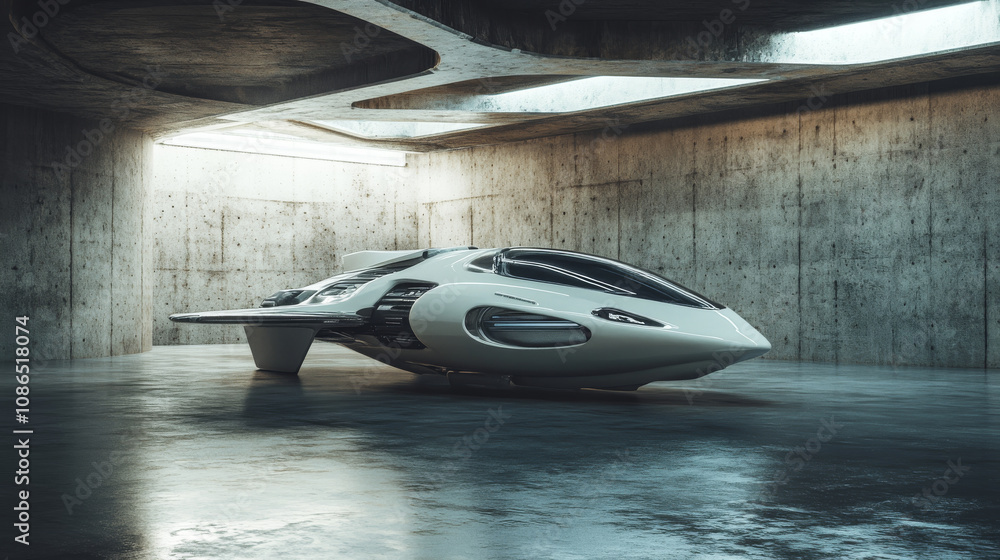 A futuristic spaceship sits in a rough, concrete underground garage. The scene is a 3D rendering of a modern, sci-fi warehouse corridor. A futuristic spaceship sits in a rough, concrete underground garage. The scene is a 3D rendering of a modern, sci-fi warehouse corridor.