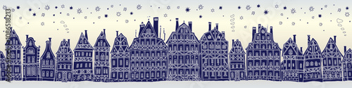 Christmas and New Year seamless border pattern. Fairy tale half-timbered houses, stars, snowflakes. White and blue sketches on a silver background