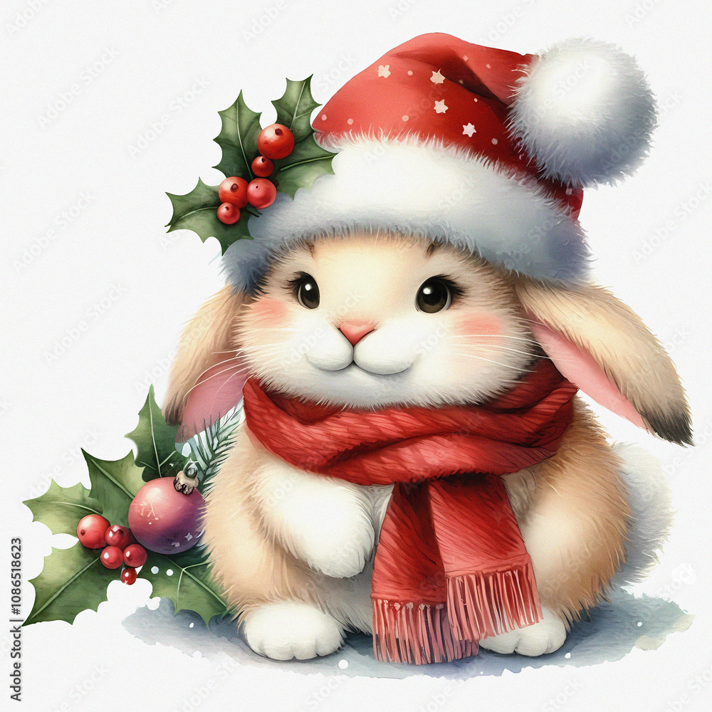 Christmas illustration in watercolor style of a cute little bunny. Seasonal winter design. Christmas illustration in watercolor style of a cute little bunny. Seasonal winter design.