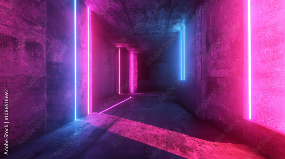 A dark, futuristic room with glowing pink, purple, and blue neon lights. The concrete walls are textured, and the space is empty, perfect for adding text. A dark, futuristic room with glowing pink, purple, and blue neon lights. The concrete walls are textured, and the space is empty, perfect for adding text.