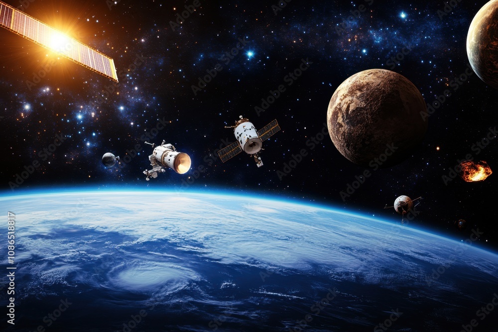Fototapeta premium Spacecraft orbit Earth with planets and stars in background.