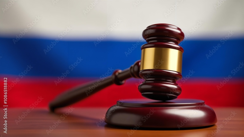Judge's hammer on background of Russian flag. Wooden judge's gavel in close-up. Justice and legislation of Russian Federation Judge's hammer on background of Russian flag. Wooden judge's gavel in close-up. Justice and legislation of Russian Federation
