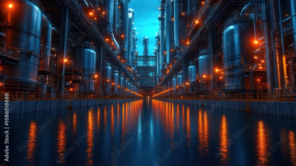 Naklejka premium A futuristic industrial scene with glowing tanks and reflective water.
