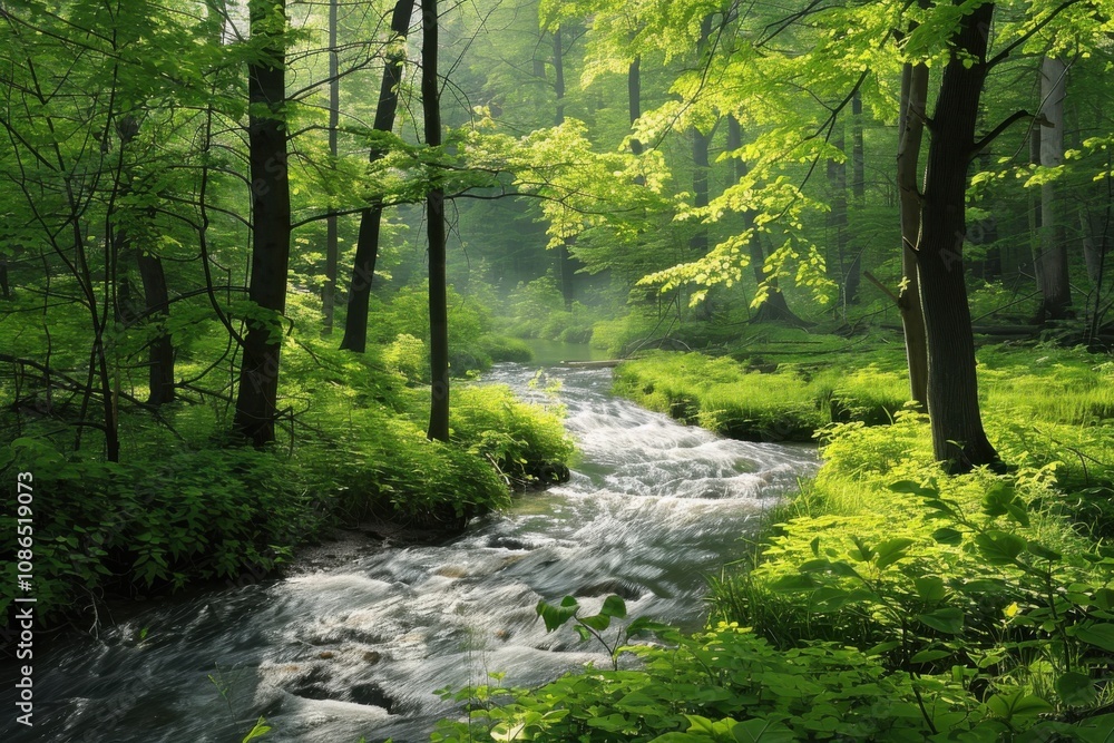 A serene forest scene with a flowing stream and lush greenery. A serene forest scene with a flowing stream and lush greenery.