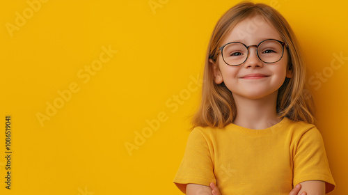 黄色の背景に眼鏡をかけた少女の人物背景素材