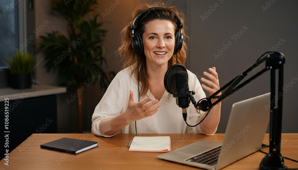 A cheerful woman hosting a podcast in a cozy studio setup, wearing headphones, using a microphone, and engaging her audience with enthusiasm. A cheerful woman hosting a podcast in a cozy studio setup, wearing headphones, using a microphone, and engaging her audience with enthusiasm.