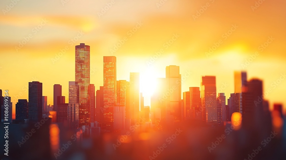 Fototapeta premium Glowing Skyline Silhouette at Warm Sunset in a Vibrant City Landscape