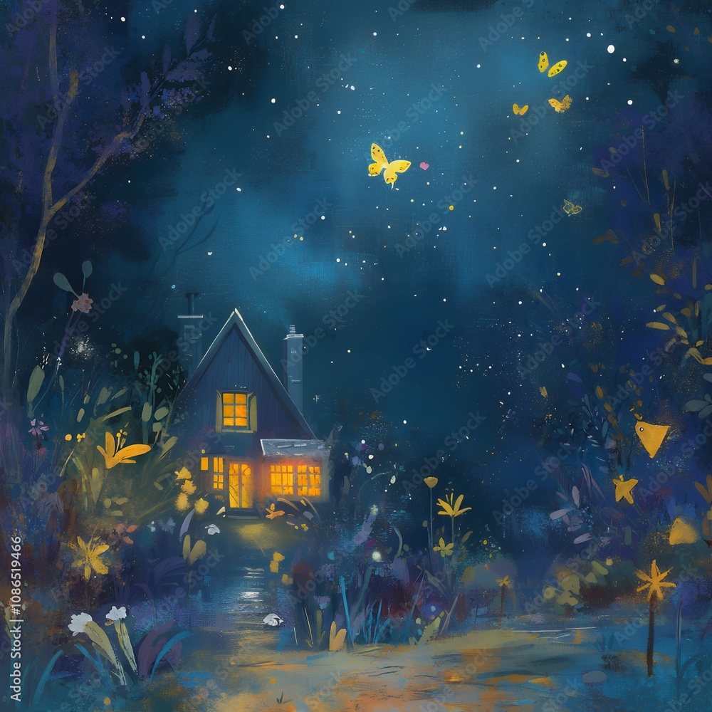 Fototapeta premium Enchanting night scene with glowing star in a starry sky surrounded by colorful wildflowers. Fantasy landscape illustration for design and print.