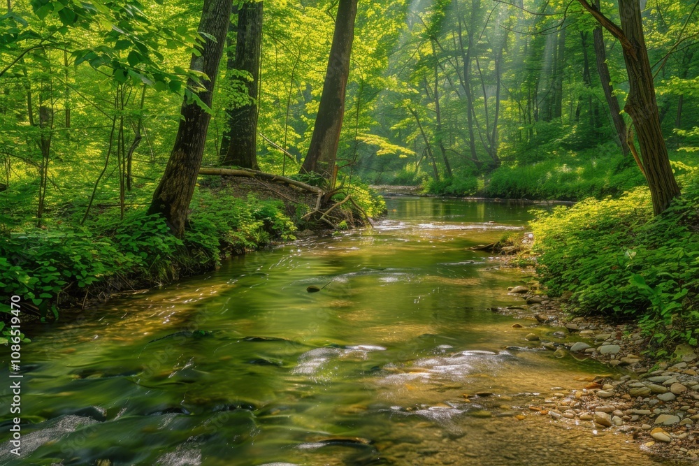 Obraz premium A serene forest scene featuring a gently flowing river surrounded by lush greenery.
