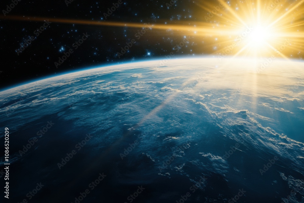 Sunrise over Earth from space, showing the planet's blue oceans, white clouds, and the sun's rays breaking through the darkness. Sunrise over Earth from space, showing the planet's blue oceans, white clouds, and the sun's rays breaking through the darkness.