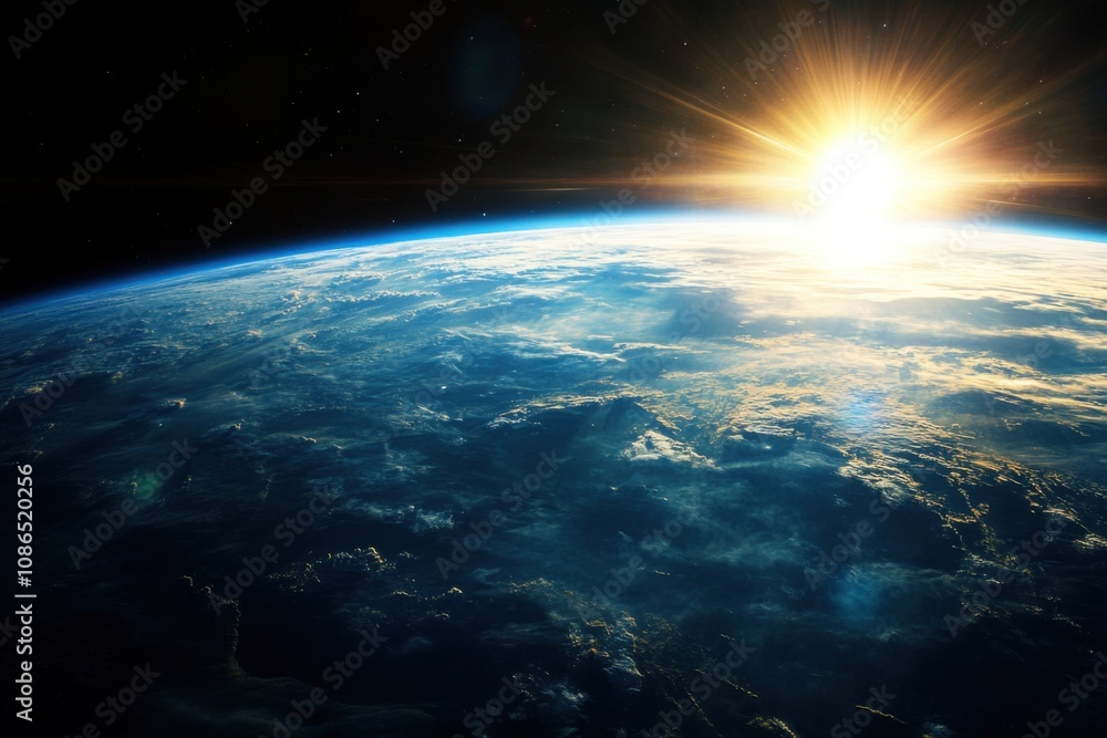 Sunrise over Earth from space, showing the planet's clouds and atmosphere. Sunrise over Earth from space, showing the planet's clouds and atmosphere.