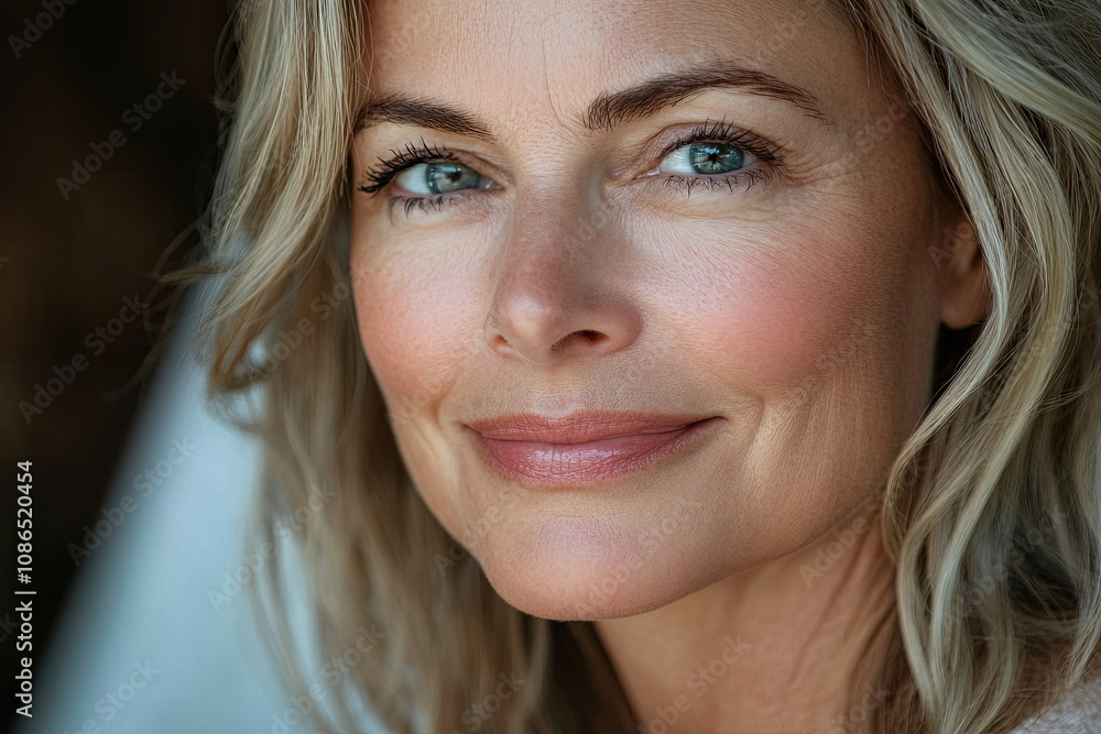 Middle-aged woman with Botox-enhanced lips smiling at the camera Middle-aged woman with Botox-enhanced lips smiling at the camera