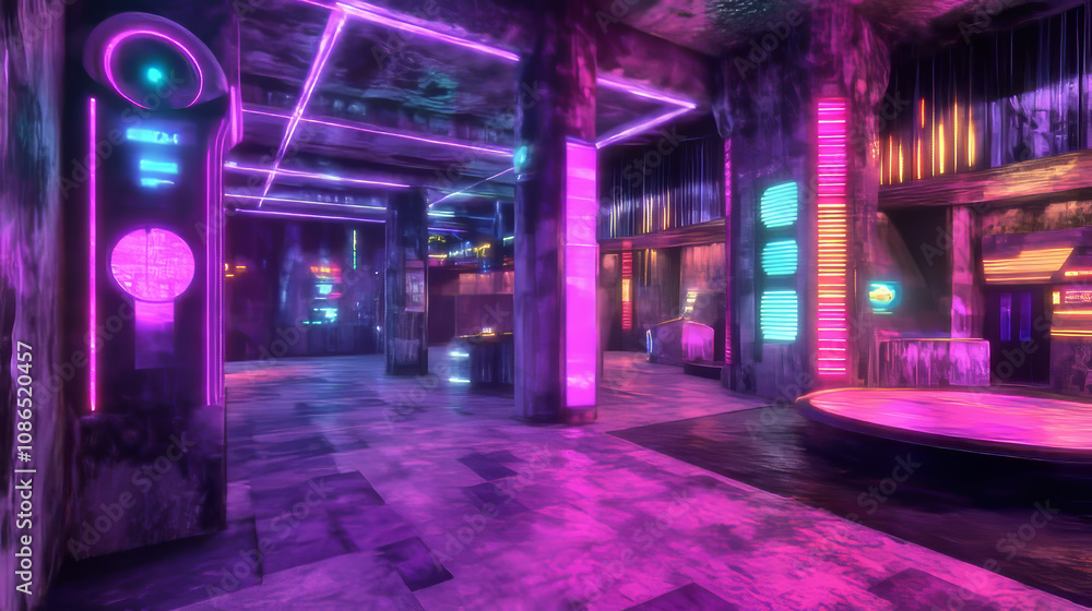 A futuristic dance club, glowing purple, pink, and blue. The empty, grunge concrete room is lit by neon lights. It's a 3D rendering of a retro-style alien club. A futuristic dance club, glowing purple, pink, and blue. The empty, grunge concrete room is lit by neon lights. It's a 3D rendering of a retro-style alien club.