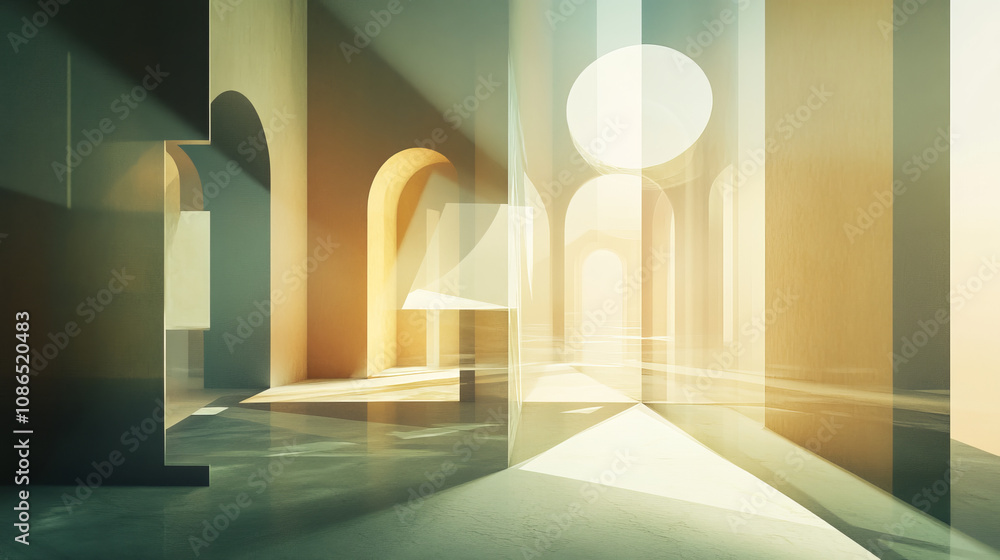 A 3D image shows abstract shapes inside a room, softly lit with light reflecting off surfaces. A 3D image shows abstract shapes inside a room, softly lit with light reflecting off surfaces.