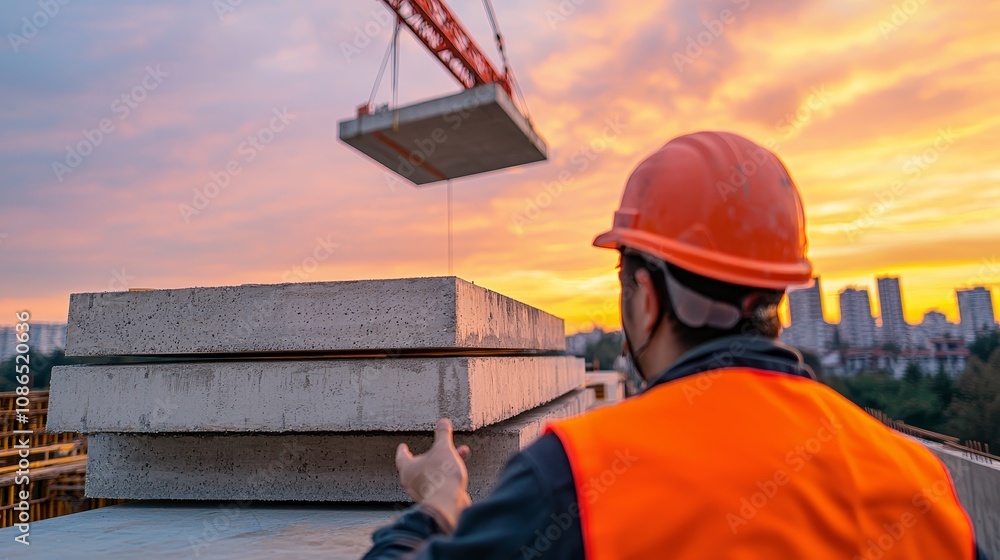 A construction worker watches as a crane lifts a concrete slab against a vibrant sunset backdrop, showcasing the urban building process. A construction worker watches as a crane lifts a concrete slab against a vibrant sunset backdrop, showcasing the urban building process.