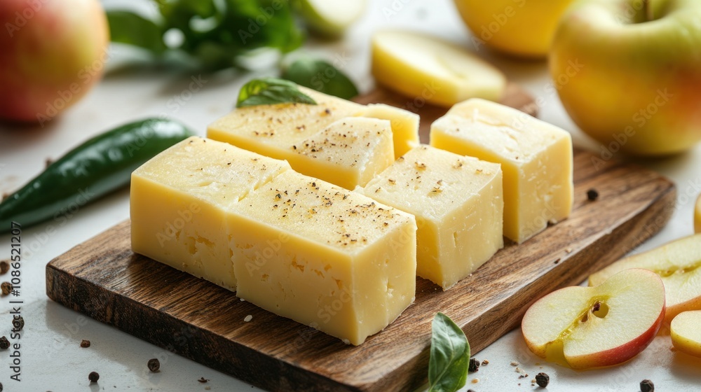 Savor the delightful combination of creamy cheese, spicy green pepper, and crisp apple slices arranged beautifully on a rustic wooden board Savor the delightful combination of creamy cheese, spicy green pepper, and crisp apple slices arranged beautifully on a rustic wooden board