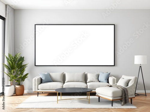 blank white frame in modern living room with sofa