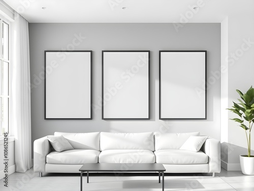 white blank three vertical frame mockup on a wall in modern living room