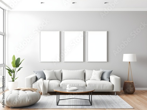 blank white three vertical frame mockup on a wall in modern living room