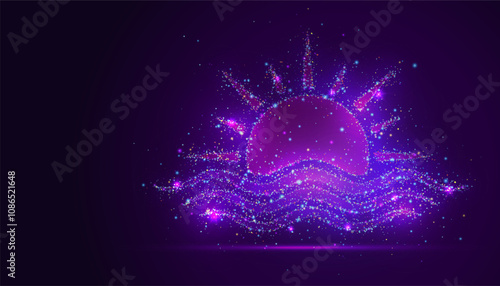 Silhouette of a sunset over a horizon made of glowing, multicolored dots, resembling stars. The particles create a serene effect, symbolizing beauty, warmth, and the transition between day and night.