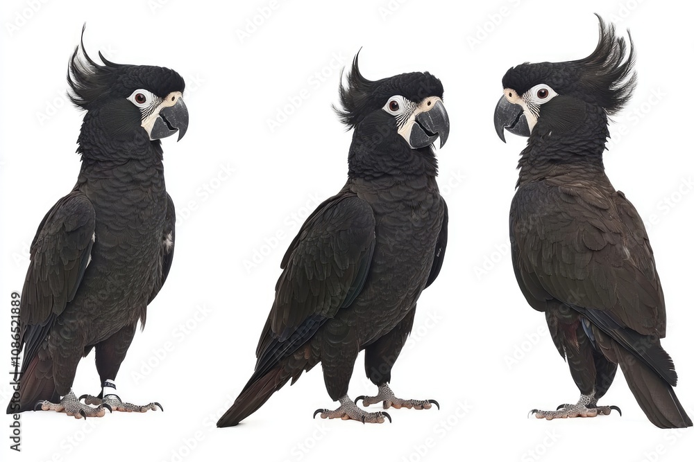 Three Palm Cockatoos Pose Against White Background Three Palm Cockatoos Pose Against White Background