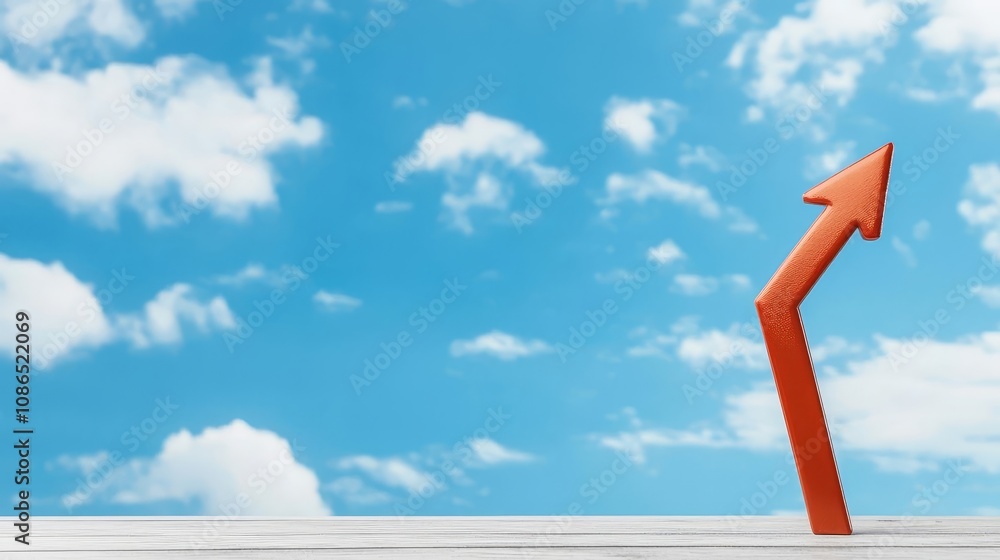 Fototapeta premium An upward arrow in vibrant orange pointing towards the blue sky symbolizes growth, success, and aspiration in business and personal development.
