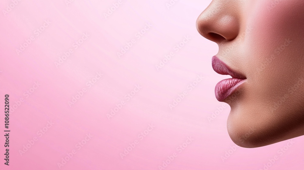 Profile of a woman's face against a soft pink background. Profile of a woman's face against a soft pink background.