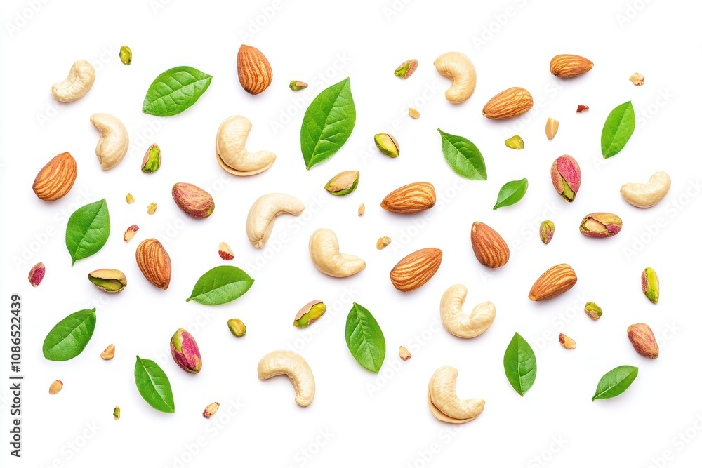 Cashews, almonds, pistachios and green leaves arranged on a white background. Cashews, almonds, pistachios and green leaves arranged on a white background.