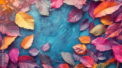 Autumn Leaves on Blue Background