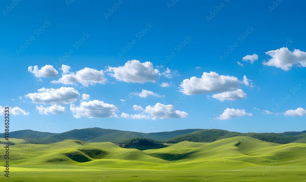 A vast expanse of rolling green hills stretches towards a vibrant blue sky adorned with fluffy white clouds. The landscape appears serene and peaceful, inviting you to explore its tranquil beauty A vast expanse of rolling green hills stretches towards a vibrant blue sky adorned with fluffy white clouds. The landscape appears serene and peaceful, inviting you to explore its tranquil beauty